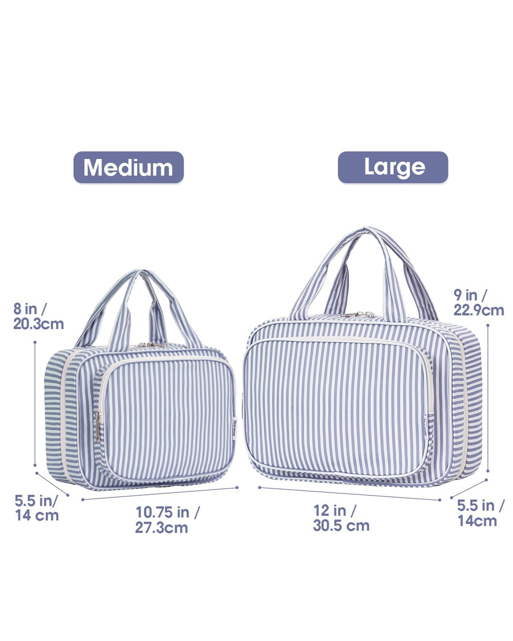 Narwey striped travel toiletry bag greyish blue stripe hanging hook for easy access.