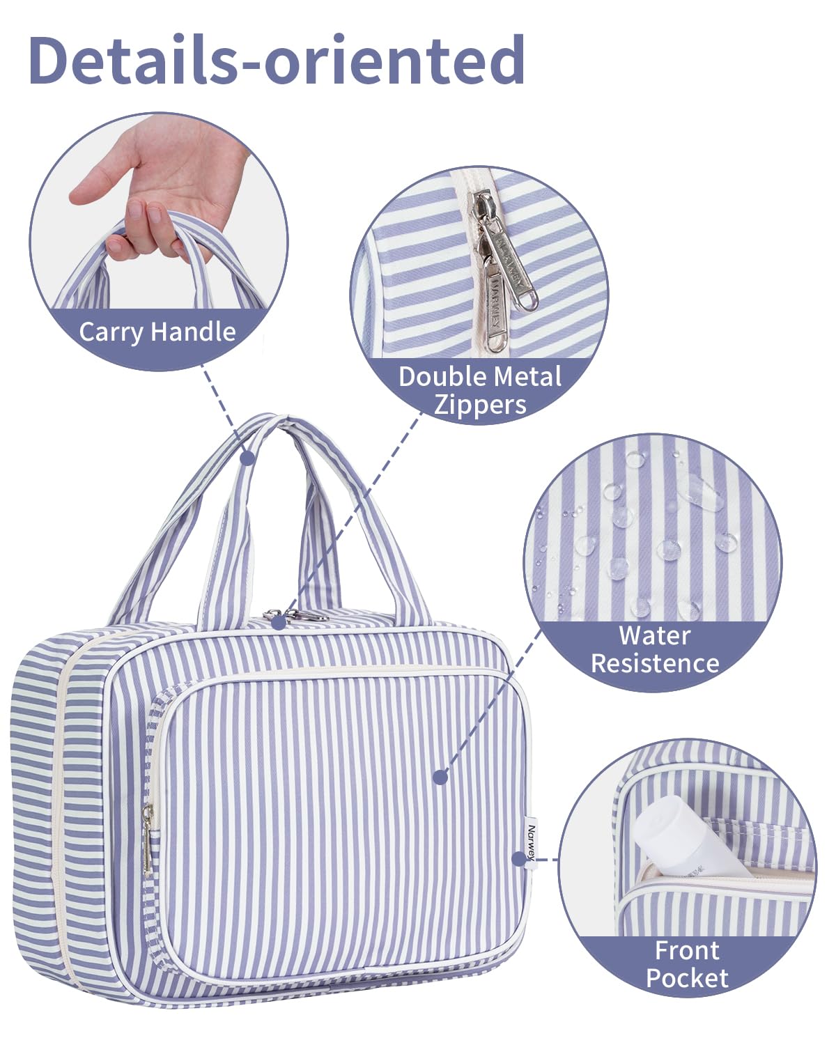 Narwey striped travel toiletry bag greyish blue stripe lightweight design for travel.