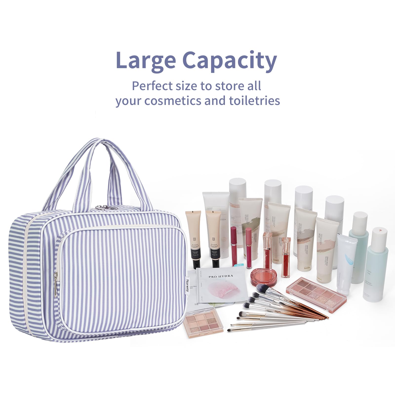 Narwey striped travel toiletry bag greyish blue stripe soft lining protects items.