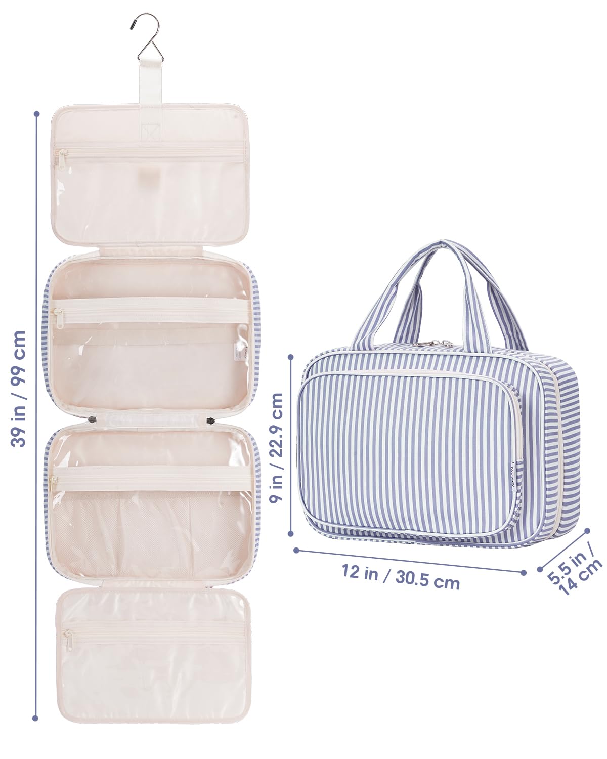 Narwey striped travel toiletry bag greyish blue stripe ready for full-size toiletries.