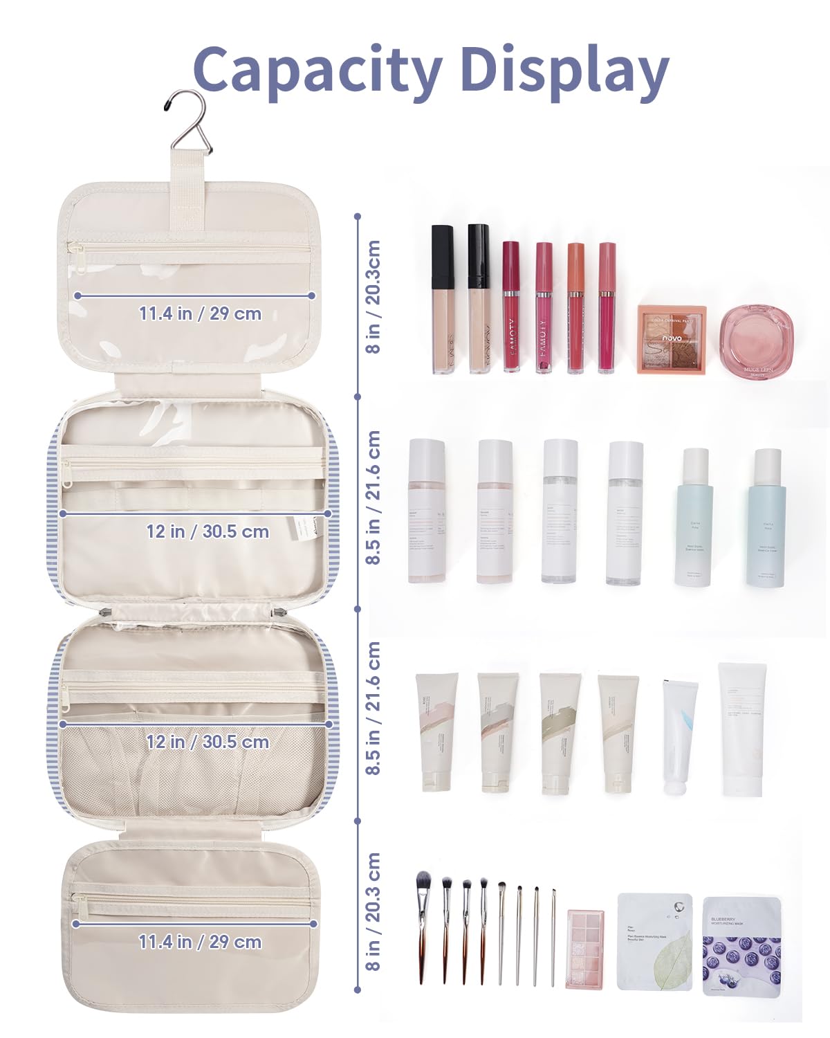 Narwey striped travel toiletry bag greyish blue stripe water-resistant interior and exterior protection.