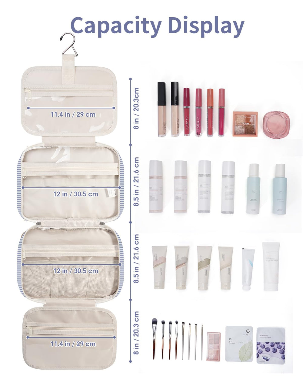 Narwey striped travel toiletry bag greyish blue stripe water-resistant interior and exterior protection.