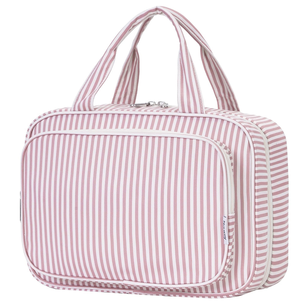 Narwey striped travel toiletry bag large dusty pink shows full-size capacity.