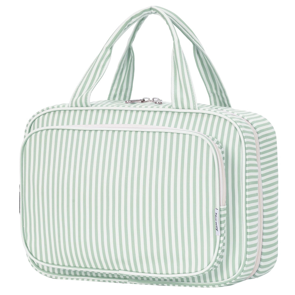 Narwey striped travel toiletry bag large mint green front view showing color and size for organized travel