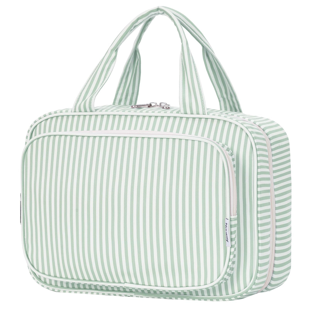 Narwey striped travel toiletry bag large mint green front view showing color and size for organized travel