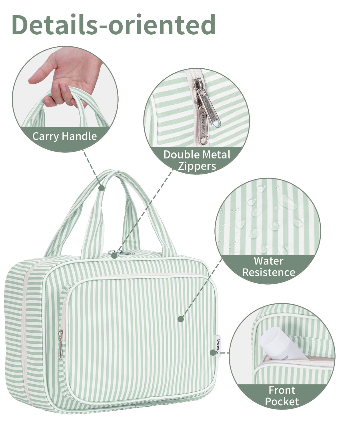 Narwey water-resistant lining protects contents during travel and splashes