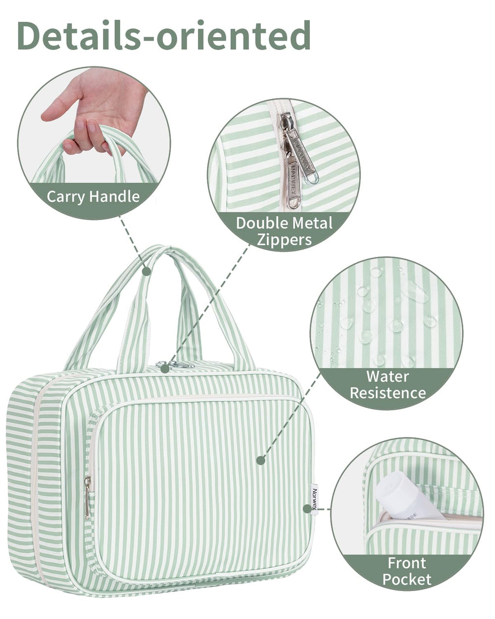 Narwey water-resistant lining protects contents during travel and splashes