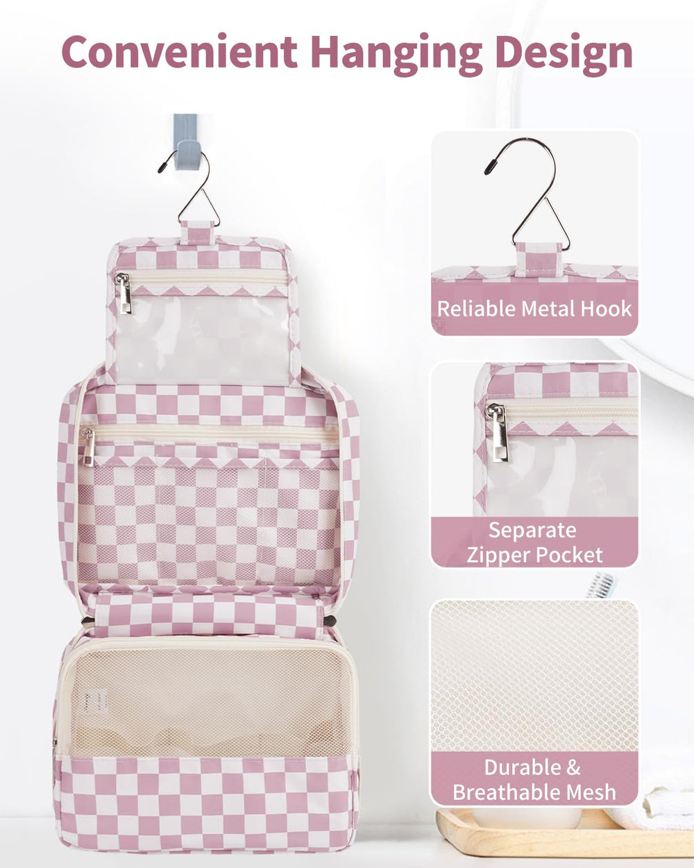 Narwey toiletry bag interior compartments organize skincare and cosmetics for easy access.