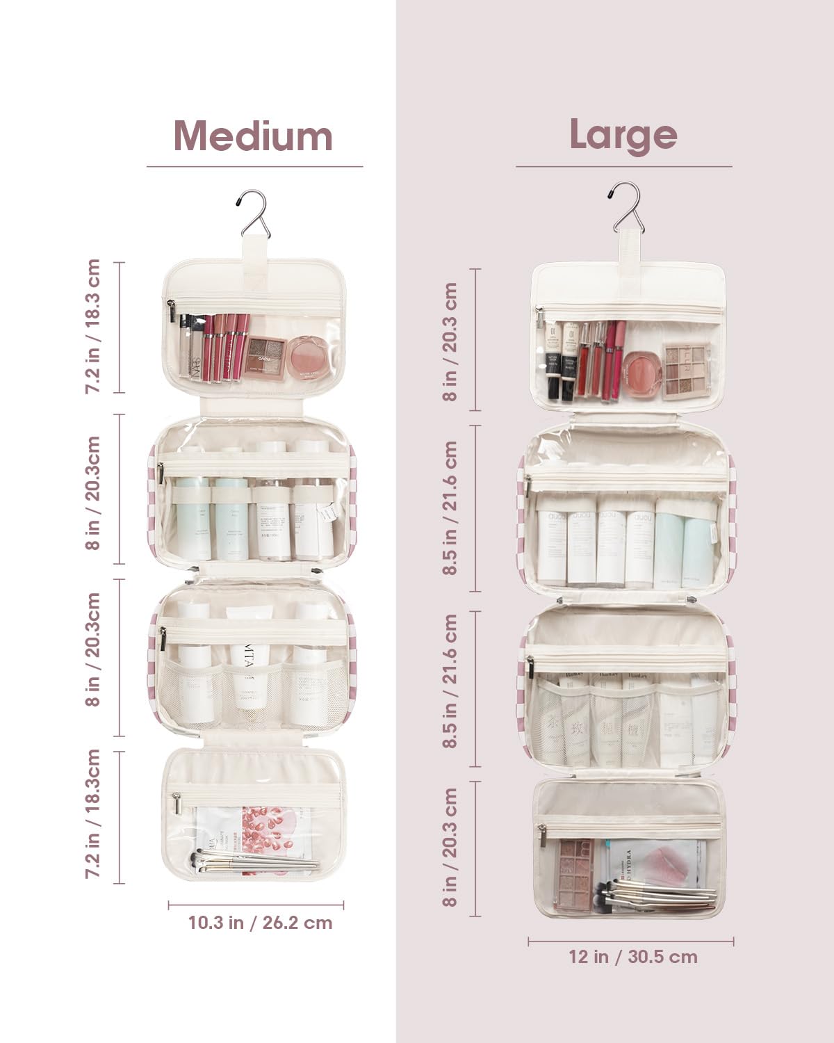 Narwey toiletry bag large compartments with mesh pockets keep items upright and organized.