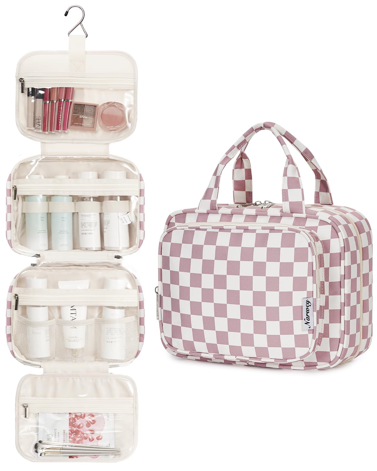 Narwey toiletry bag with mesh pockets and elastic bands for upright storage.