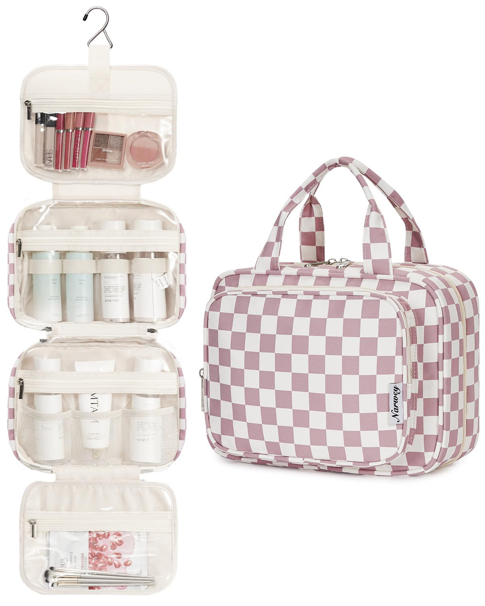 Narwey toiletry bag with mesh pockets and elastic bands for upright storage.