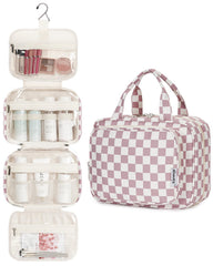 Narwey toiletry bag with mesh pockets and elastic bands for upright storage.