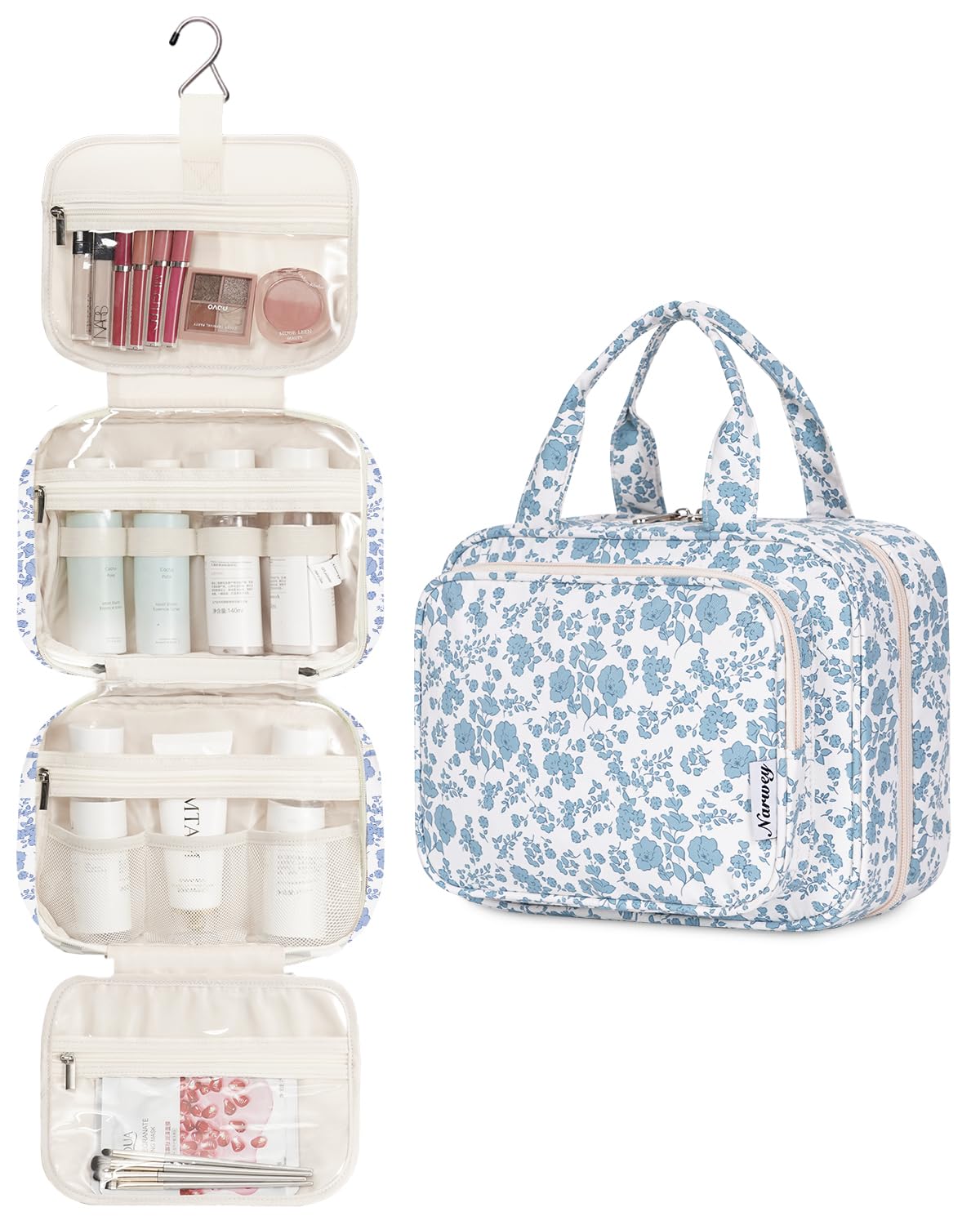 Narwey toiletry bag open to reveal main compartments for toiletries and cosmetics.