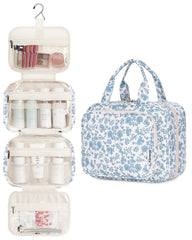 Narwey toiletry bag open to reveal main compartments for toiletries and cosmetics.