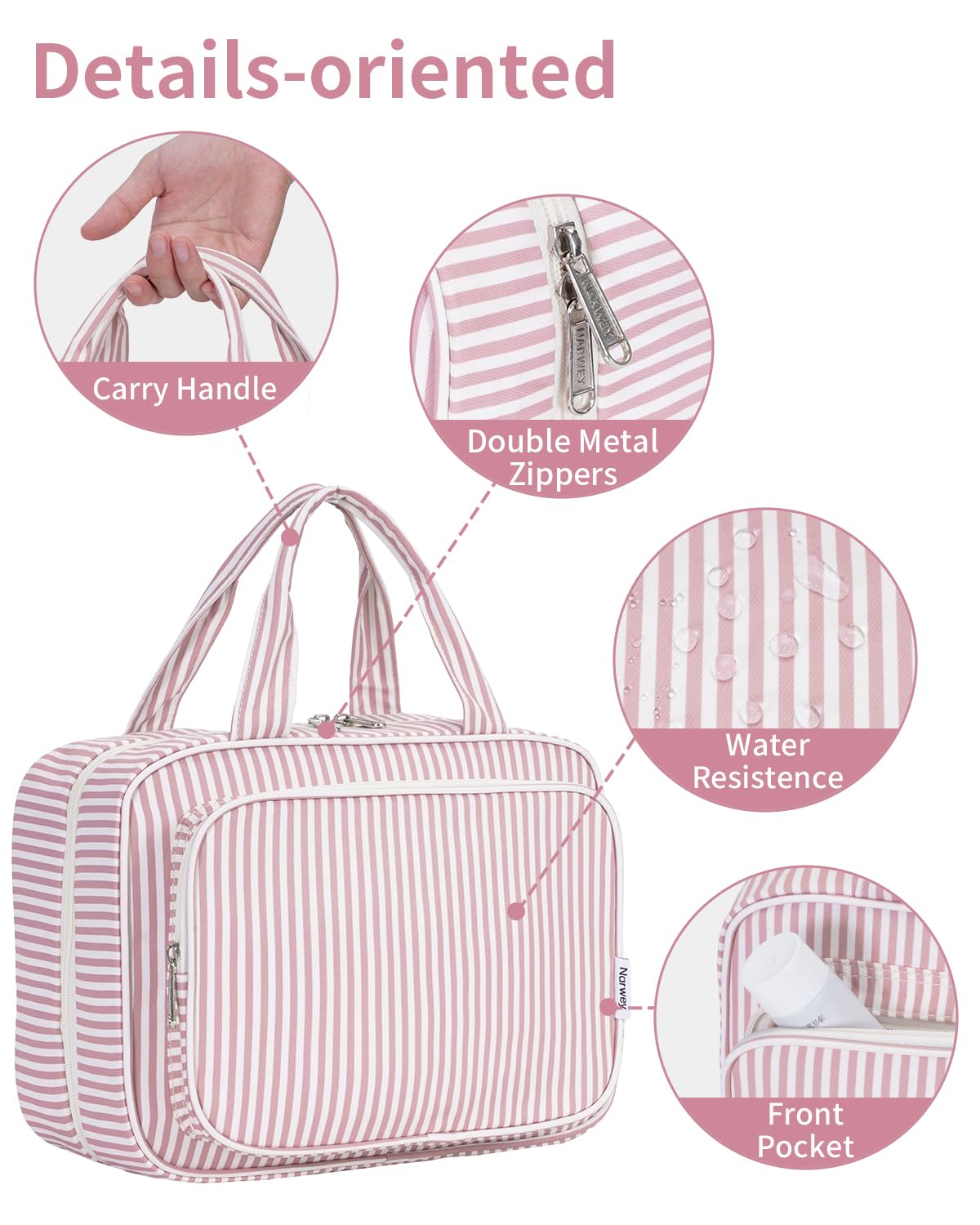 Narwey travel bag with hanging access is convenient for bathroom counters.