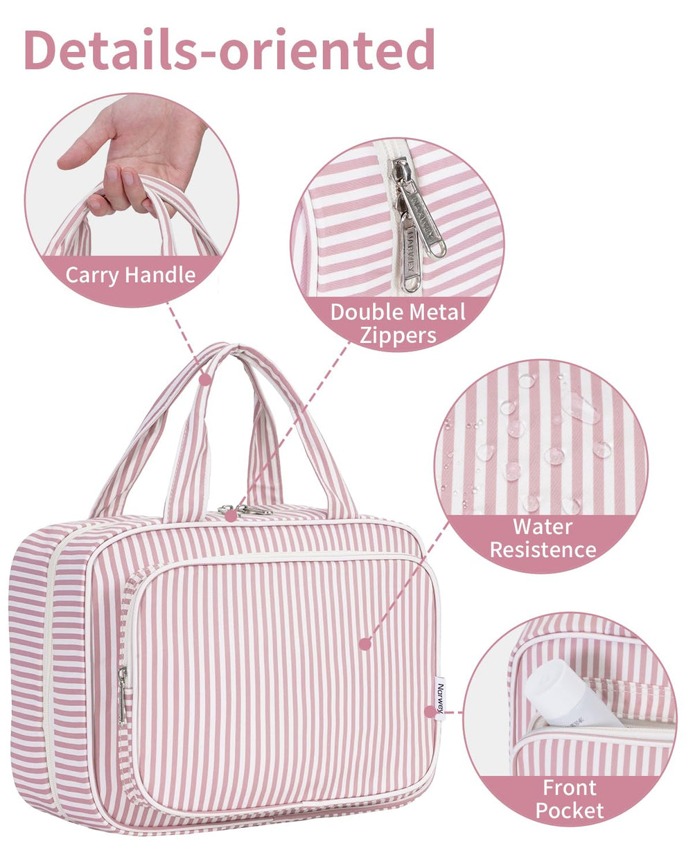 Narwey travel bag with hanging access is convenient for bathroom counters.
