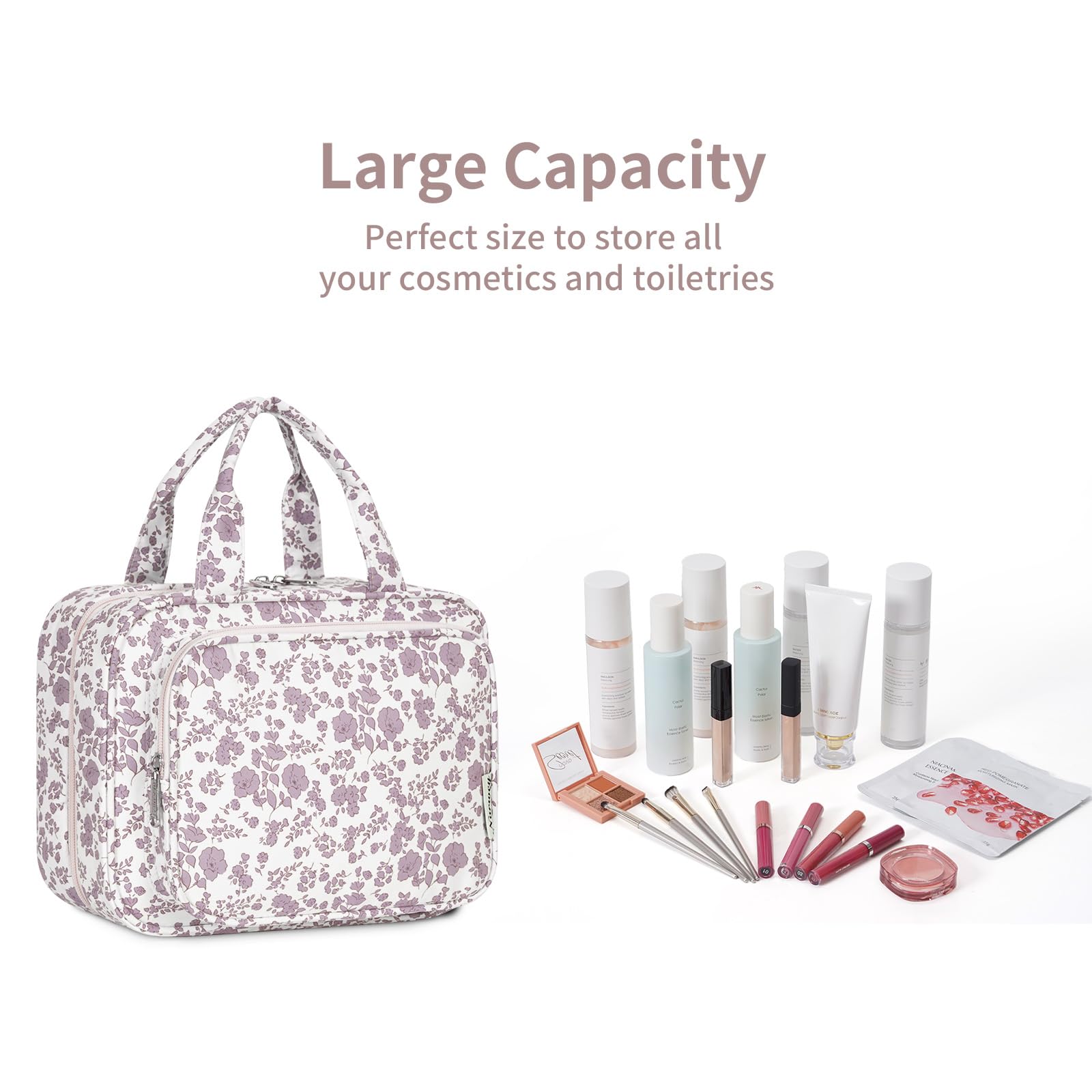 Narwey floral pattern adds a feminine touch to travel cosmetics storage.
