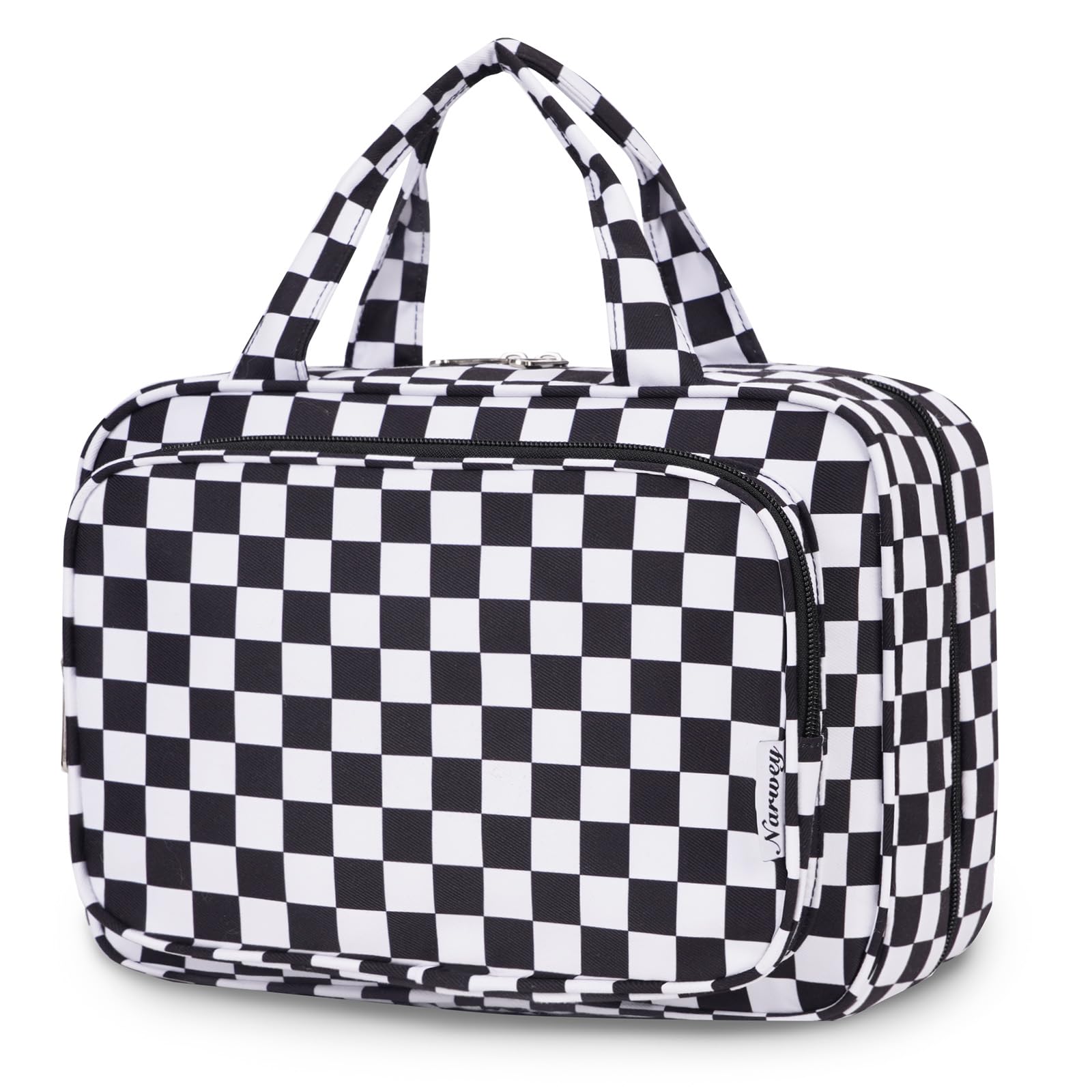 Narwey travel toiletry bag large black checkerboard front view organizes cosmetics on trips