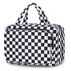 Narwey travel toiletry bag large black checkerboard front view organizes cosmetics on trips