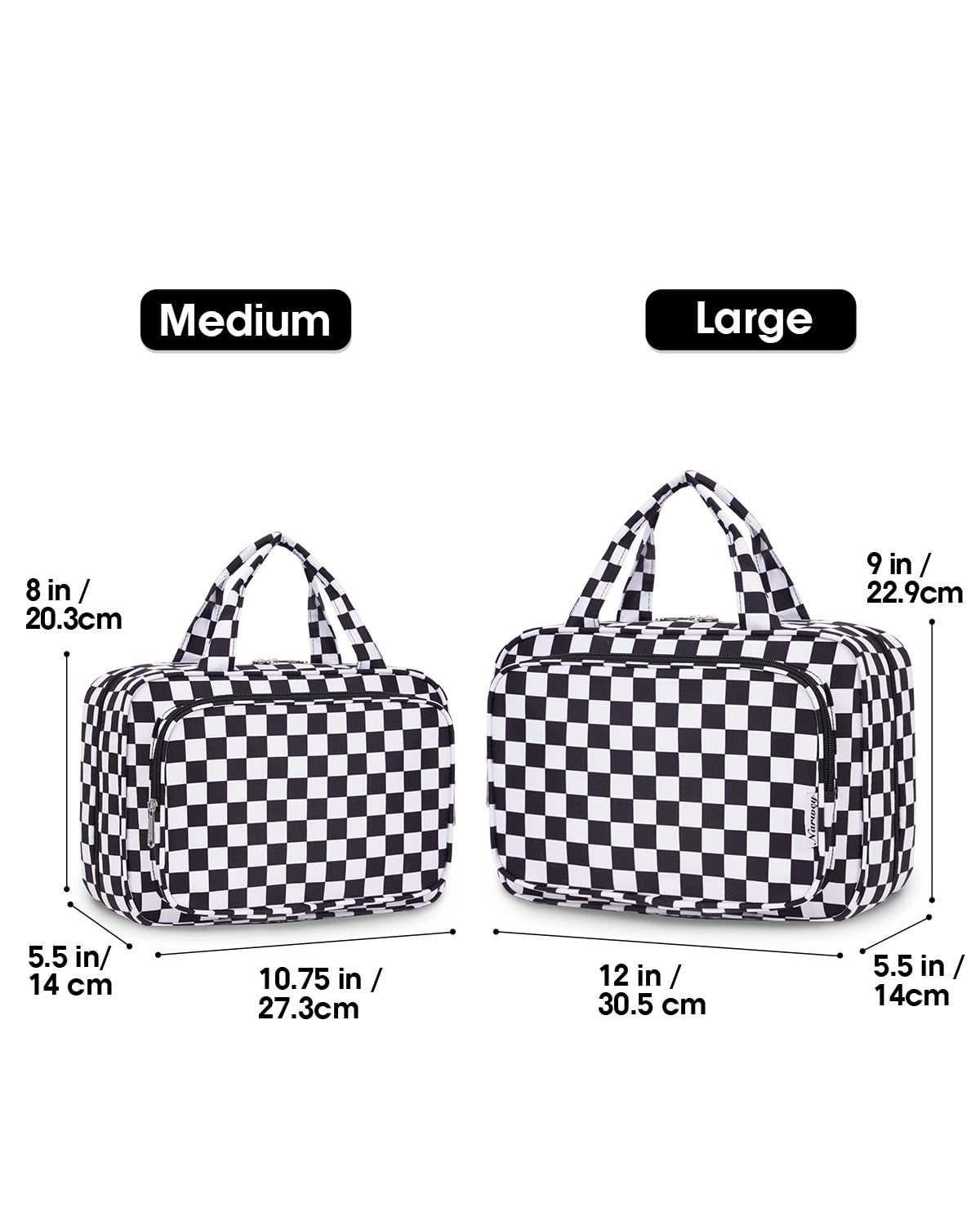 Narwey travel toiletry bag large black checkerboard side view shows compact profile for packing