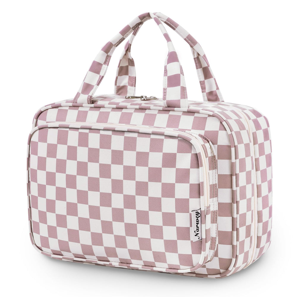 Narwey travel toiletry bag large dusty pink checkerboard open with wide compartments for easy access.