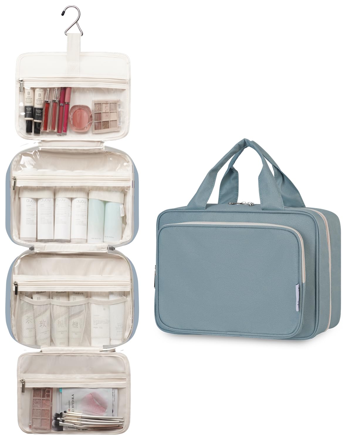 Narwey greyish-blue fabric with padded exterior and smooth lining for protection.