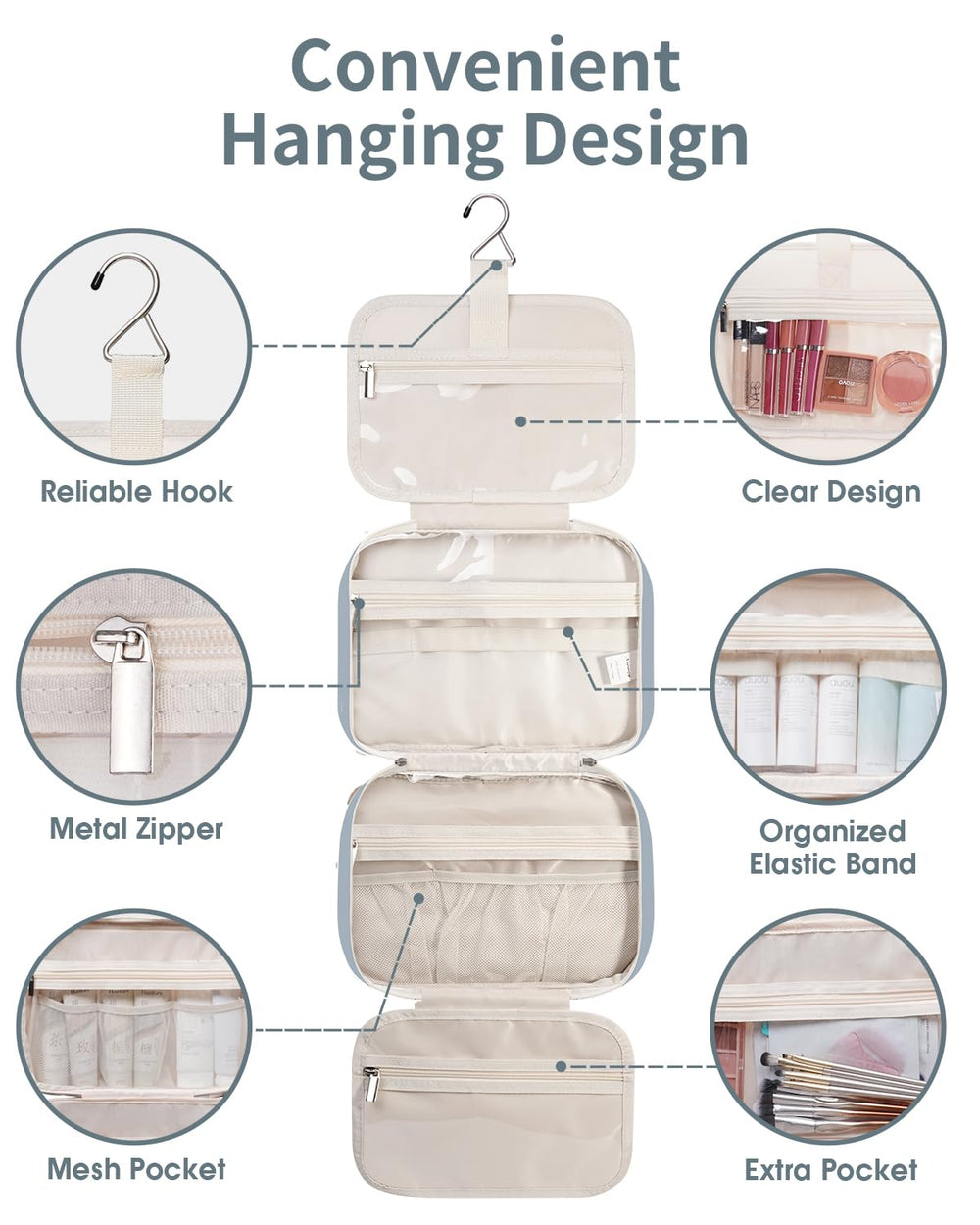 Narwey large capacity fits full-size shampoo, conditioner, lotion, and makeup.