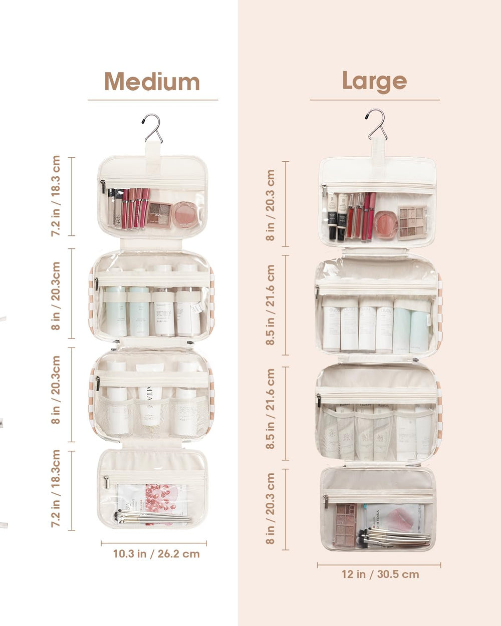 Narwey travel toiletry bag large hanging hook enables easy access in bathrooms or hotel rooms.