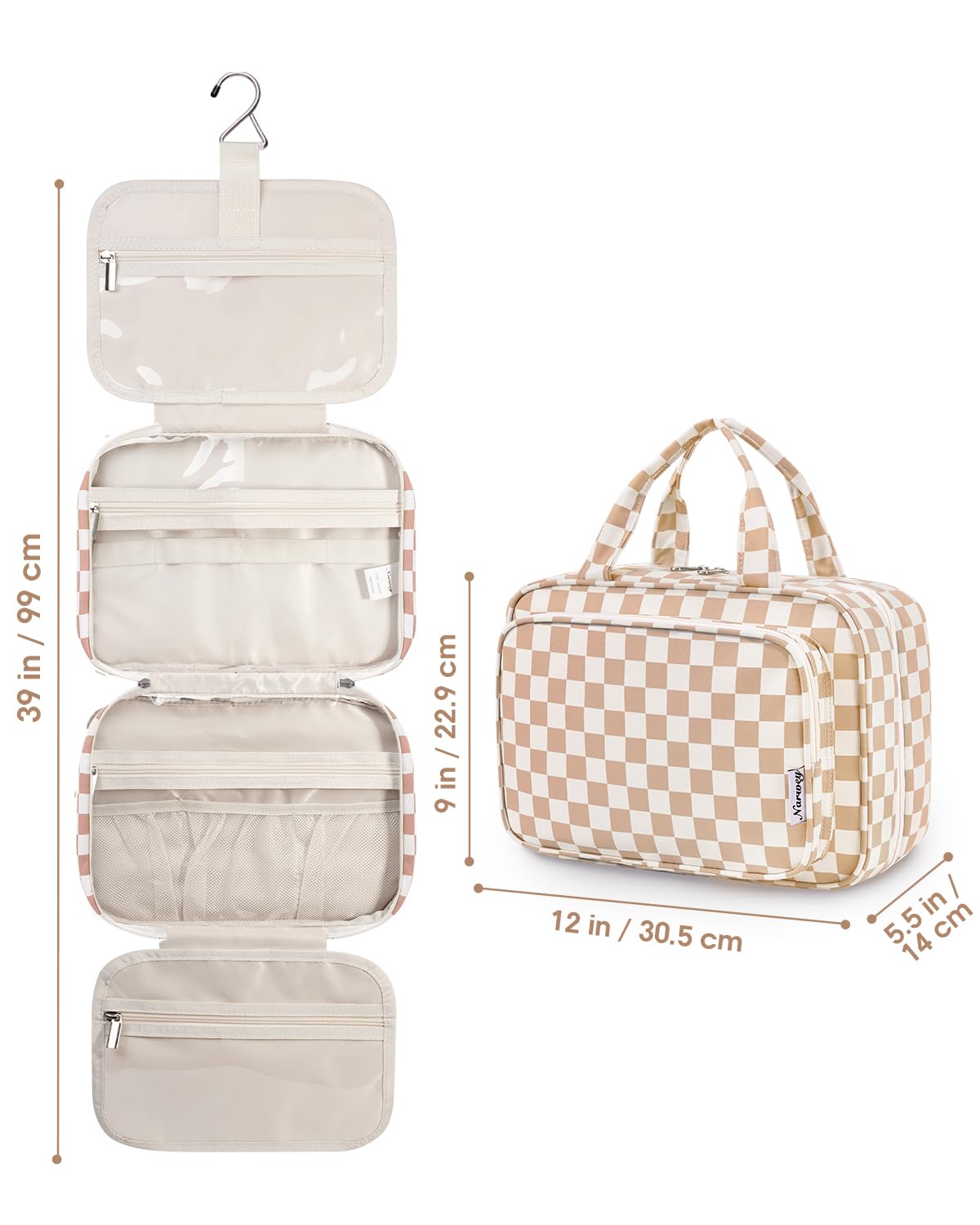 Narwey travel toiletry bag light checkerboard large 16-ounce weight adds portability.