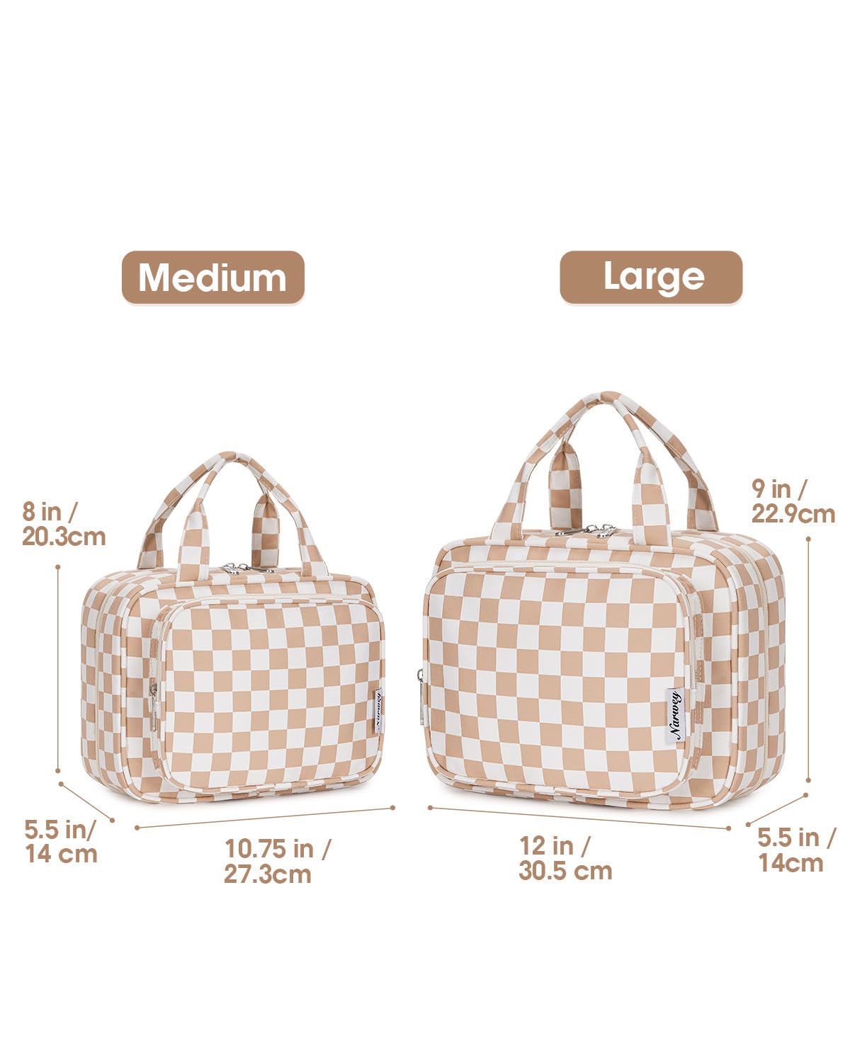 Narwey travel toiletry bag light checkerboard large compartments keeps cosmetics organized during travel.