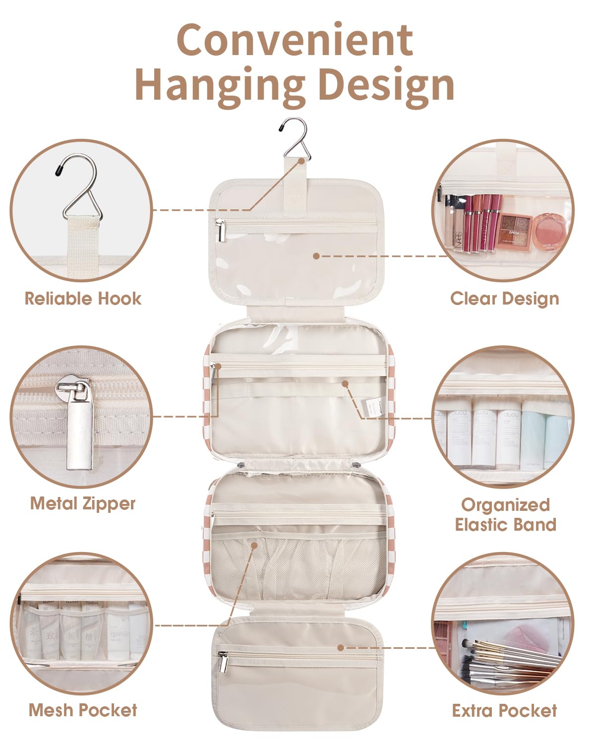 Narwey travel toiletry bag light checkerboard large soft lining protects delicate cosmetics.