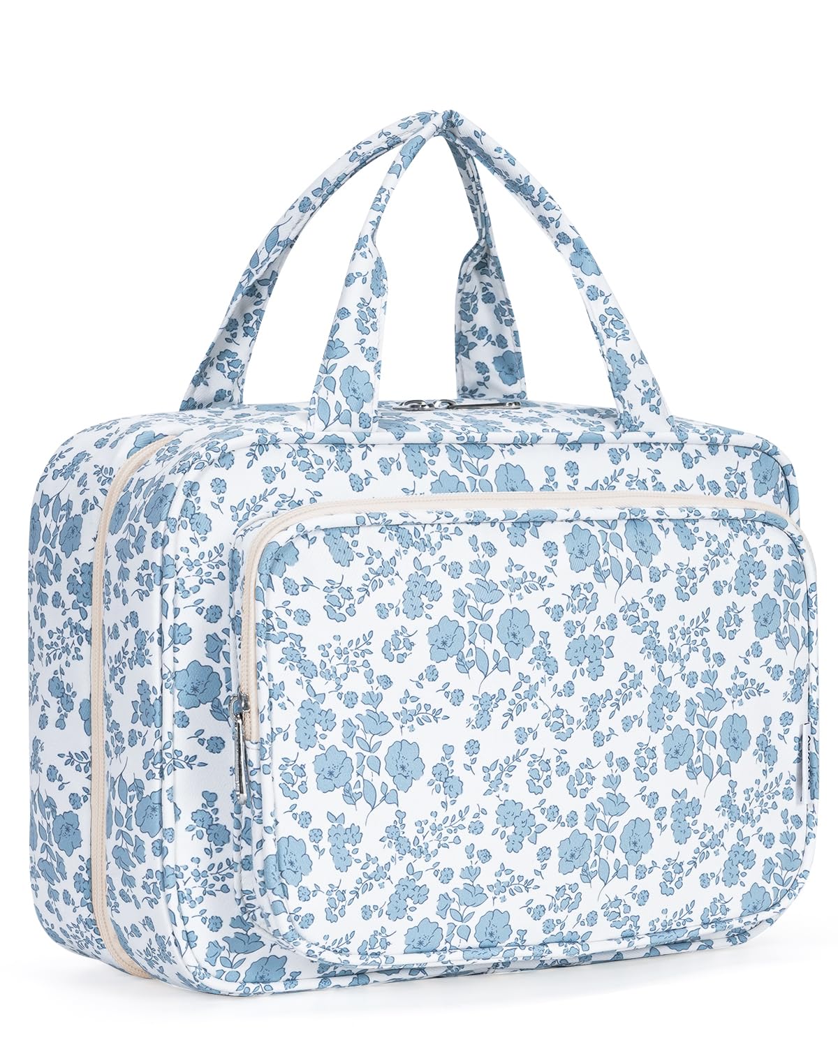 Narwey travel toiletry bag little blue flower large front view showing full-size essentials fit