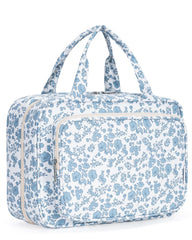 Narwey travel toiletry bag little blue flower large front view showing full-size essentials fit