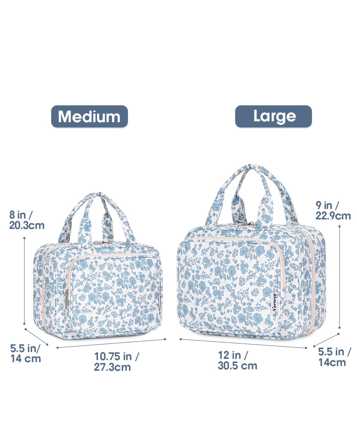 Narwey bag little blue flower large open compartments for organized cosmetics and toiletries