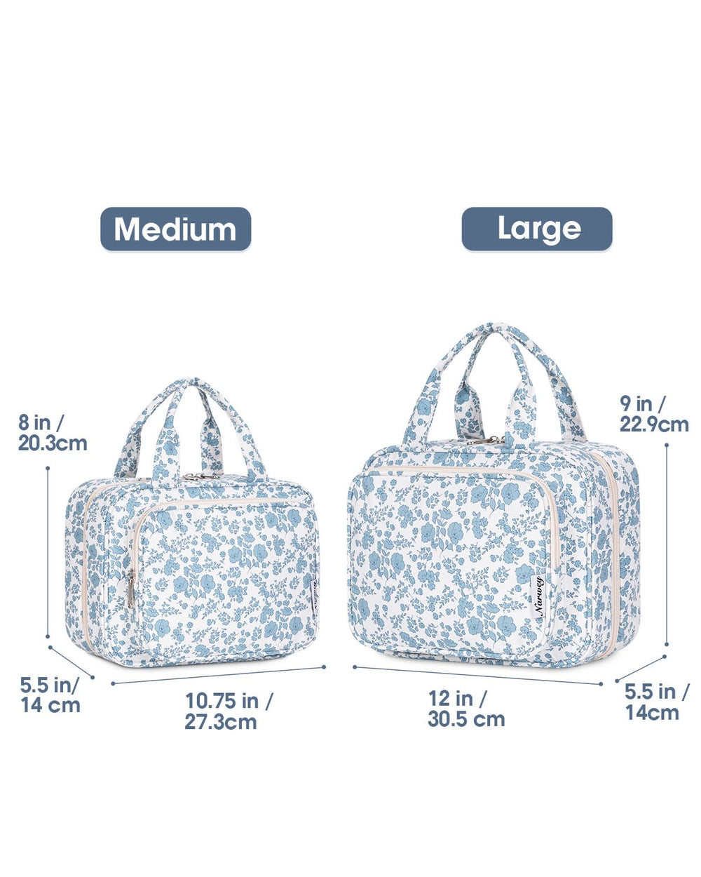 Narwey bag little blue flower large open compartments for organized cosmetics and toiletries