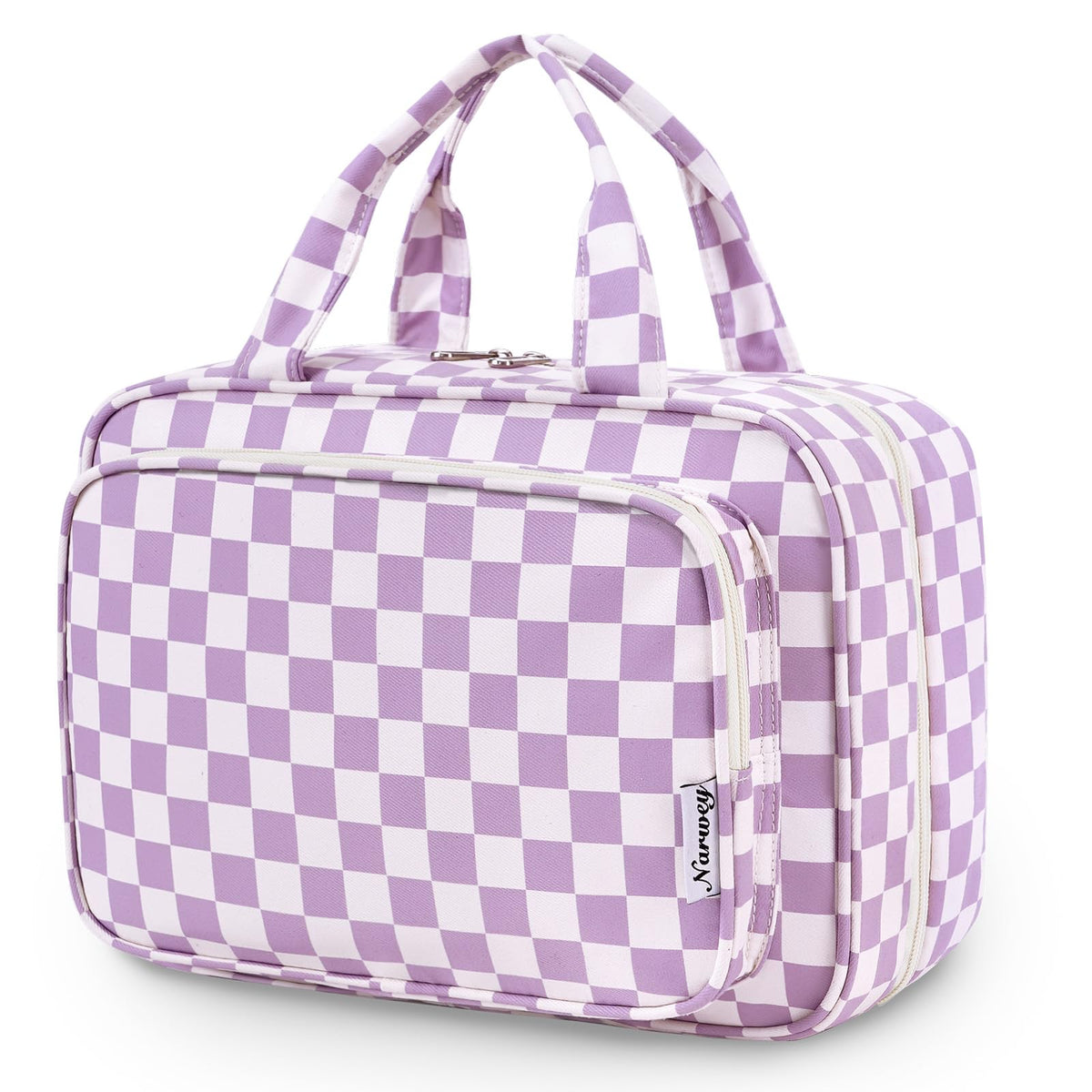 Narwey travel toiletry bag in purple checkerboard, closed for packing and storage.