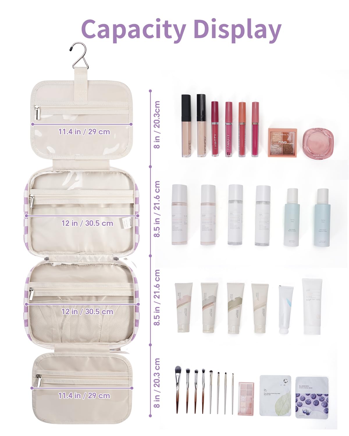 Narwey travel bag interior with mesh pockets keeping brushes upright.