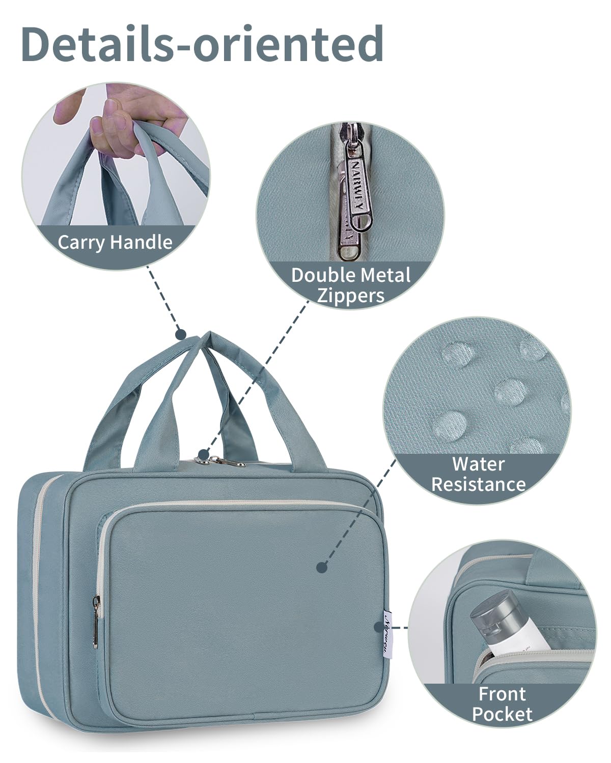 Narwey water-resistant exterior and durable zippers for rugged travel.
