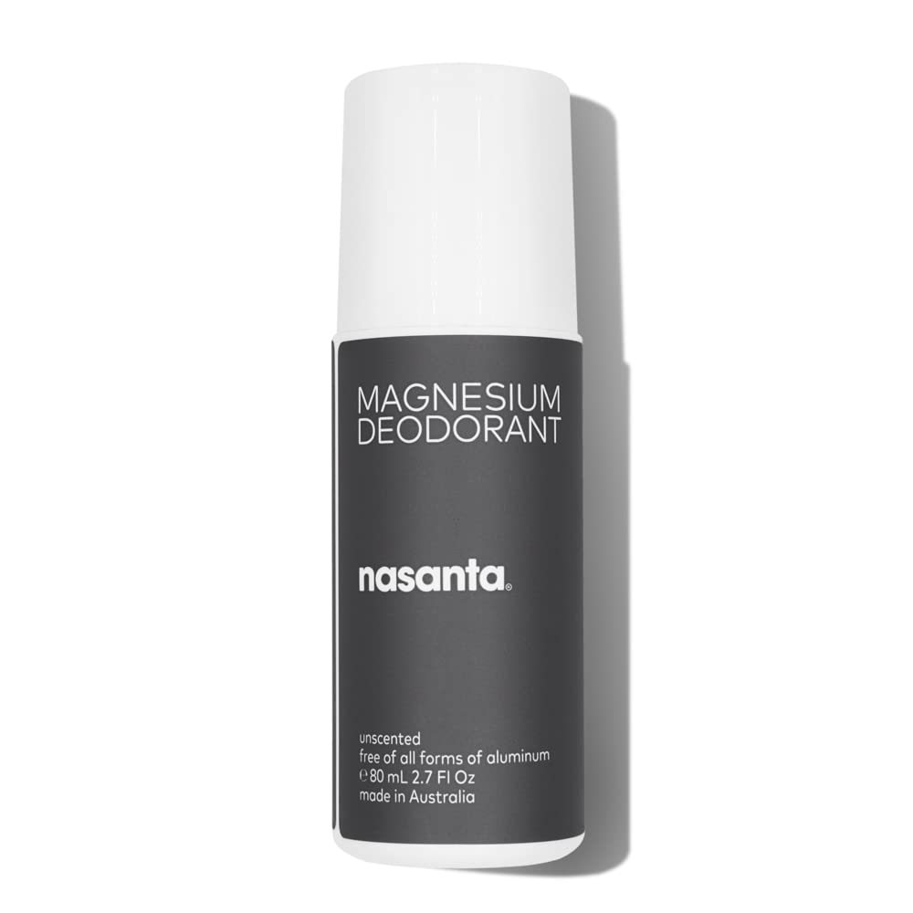 nasanta magnesium deodorant roll-on front label shows unscented formula for sensitive skin