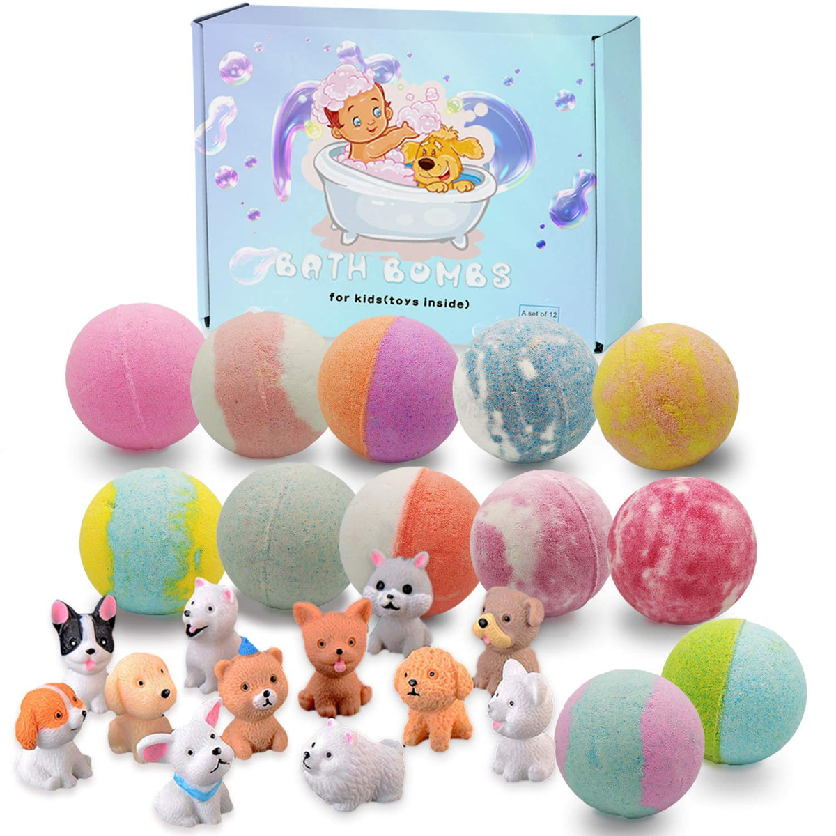 NASKY 12-pack kids bath bombs set with colorful swirls for a playful bath.