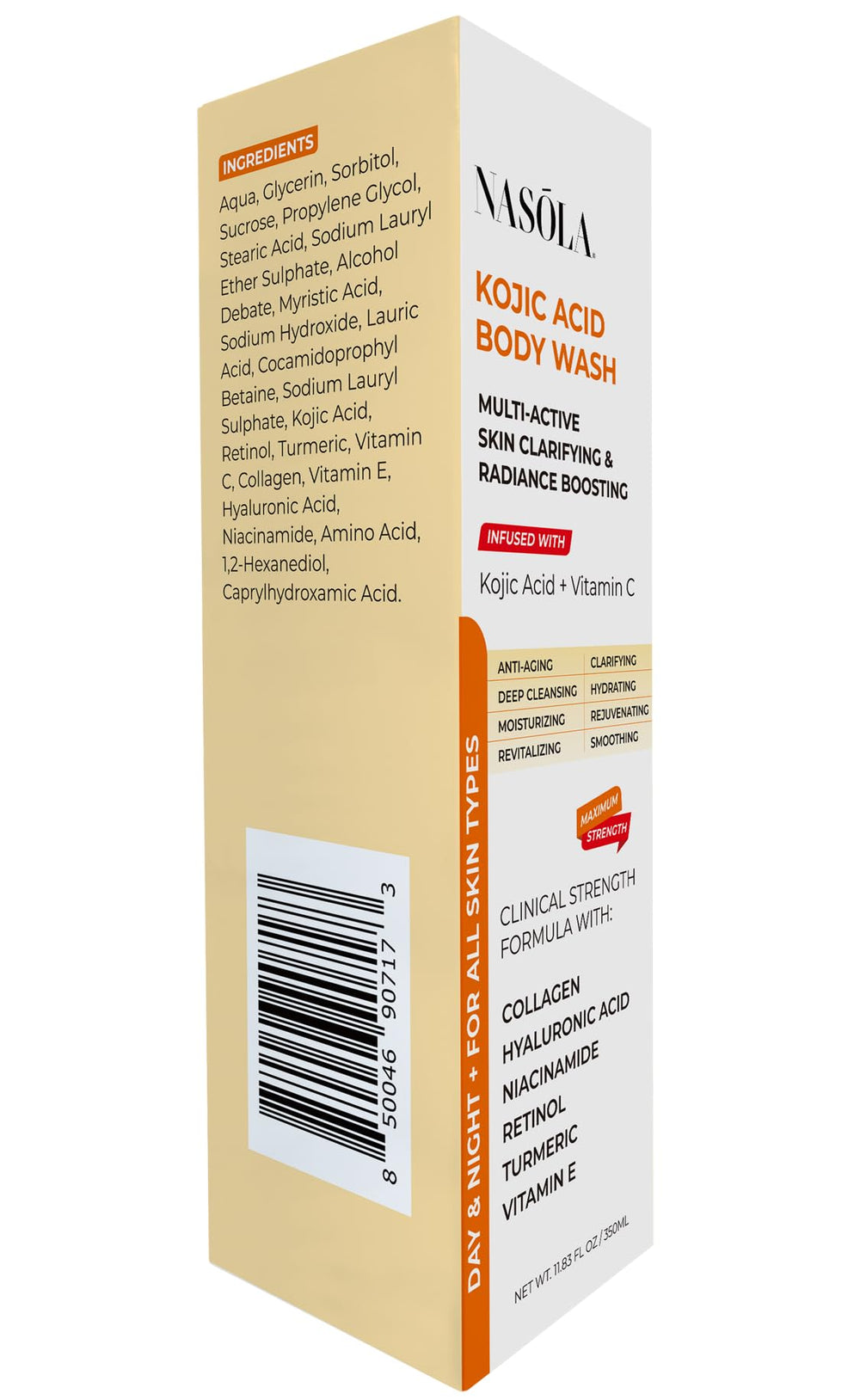Nasola Kojic Acid Body Wash bottle back label ingredient info