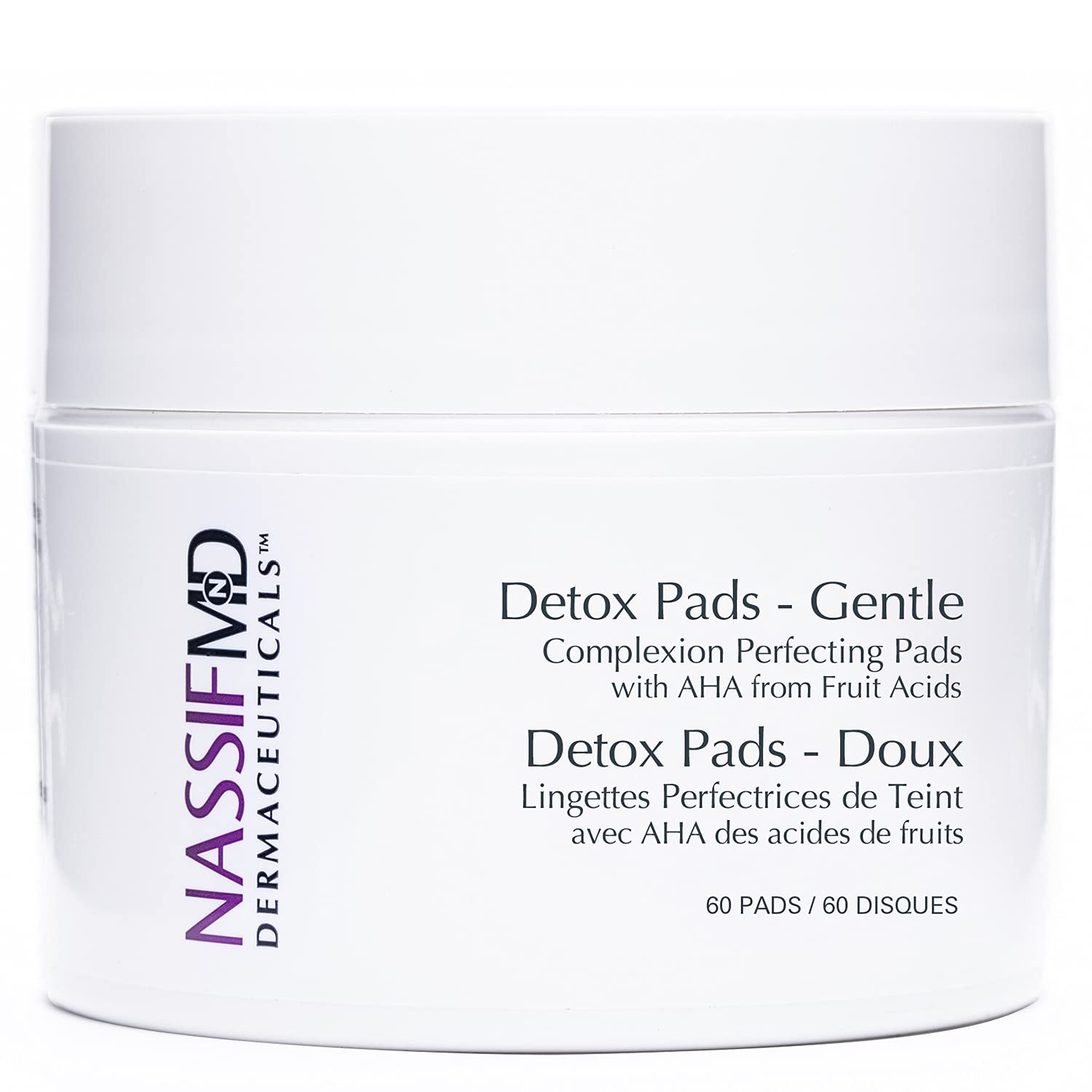 NassifMD Gentle Detox Pads packaging showcases premium, dermatologist-tested skincare.