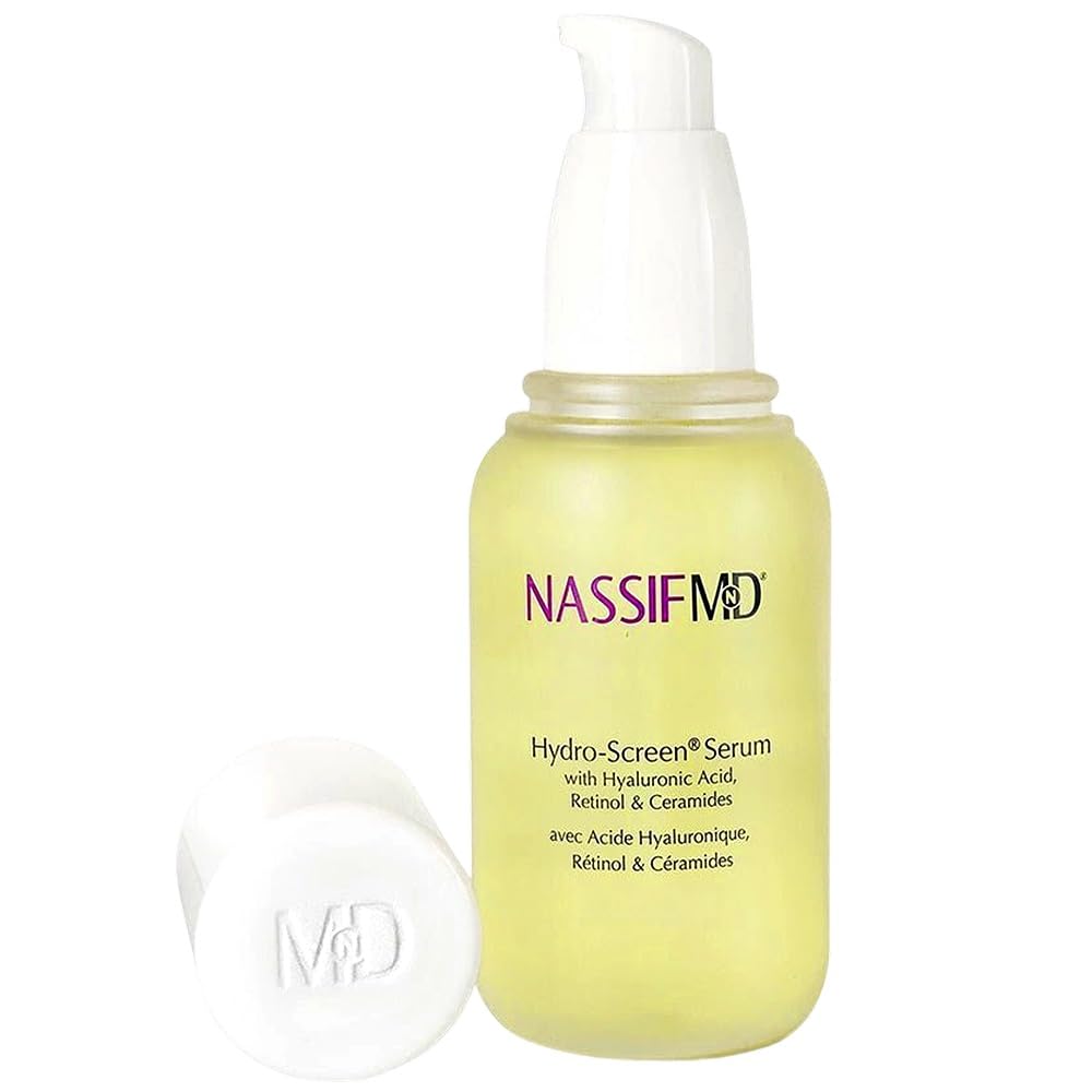 NassifMD Hydro-Screen Serum bottle close-up highlighting a hydrating formula for plump skin.