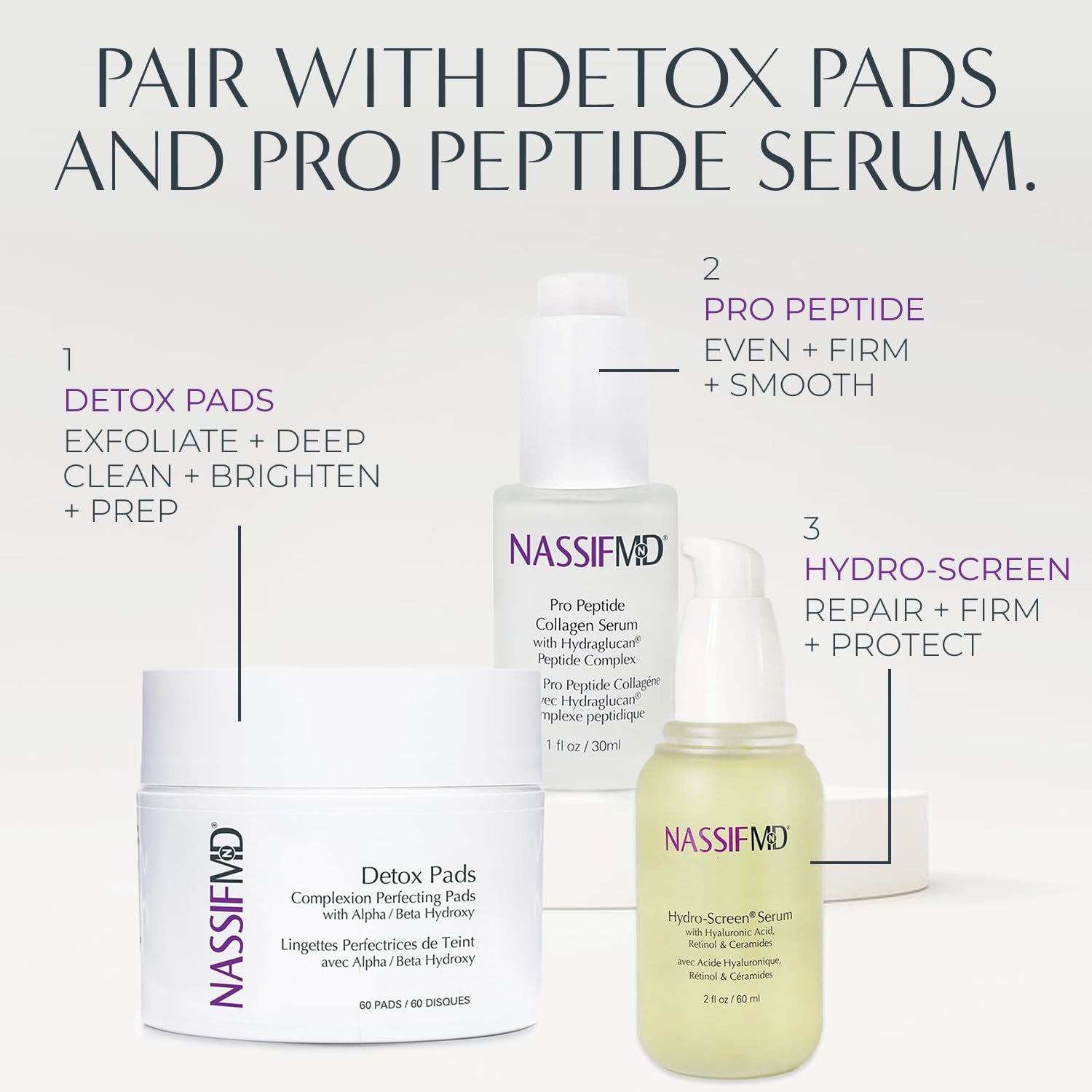 NassifMD Hydro-Screen Serum packaging label image conveys a premium, surgeon-created formulation.