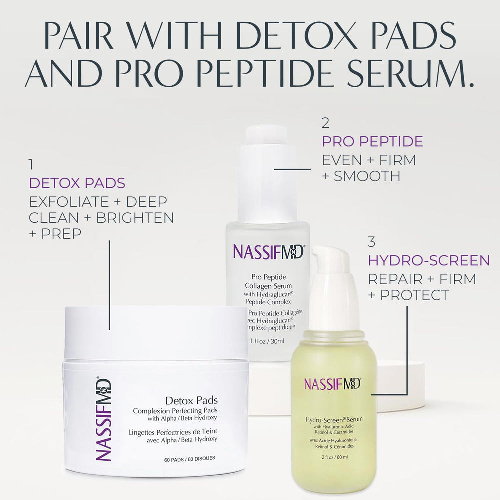 NassifMD Hydro-Screen Serum packaging label image conveys a premium, surgeon-created formulation.