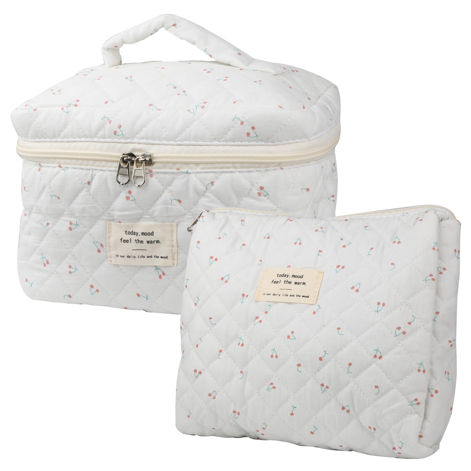 NATINSA cute makeup bag two-piece set with cherry quilted exterior for travel cosmetics organization.