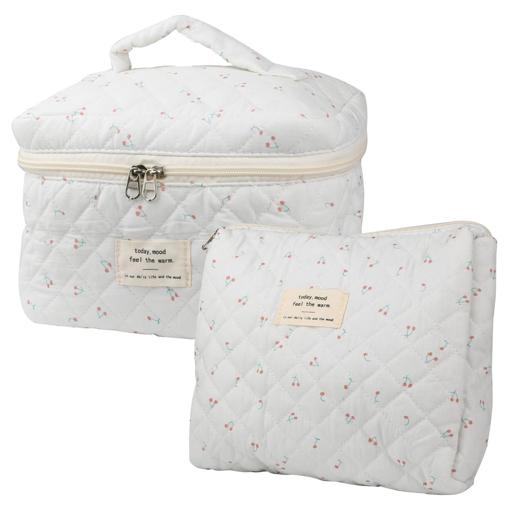 NATINSA cute makeup bag two-piece set with cherry quilted exterior for travel cosmetics organization.