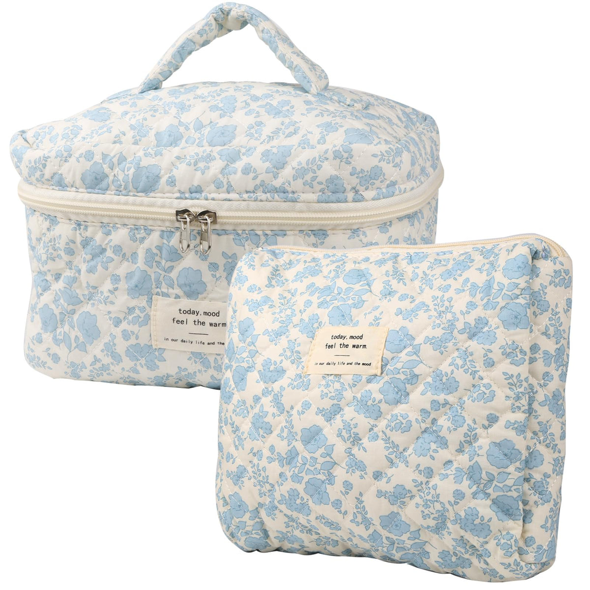 NATINSA cute makeup bag navy blue floral closeup with premium quilting and organized compartments.