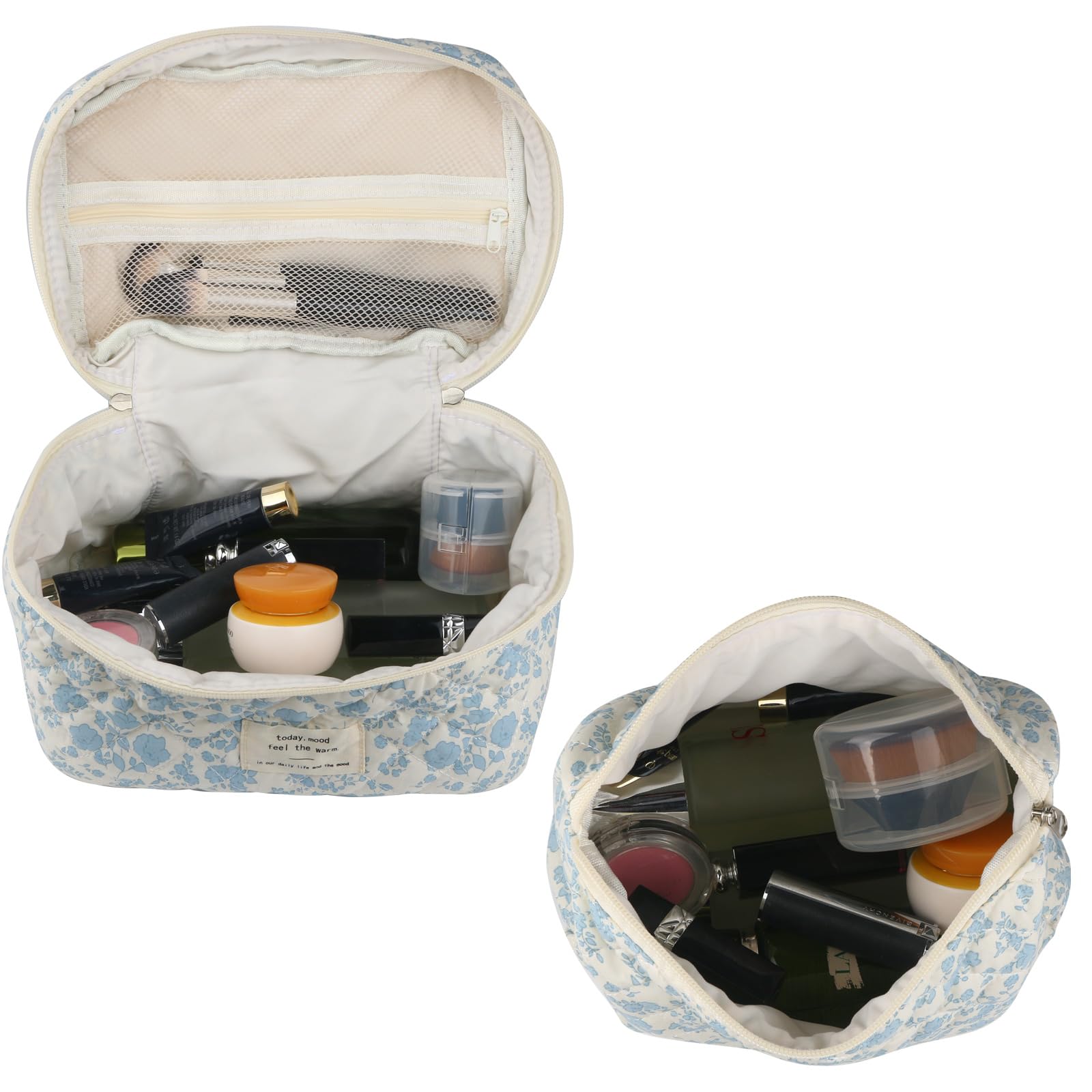 NATINSA quilted makeup bag with brush slot keeps brushes neatly in reach.