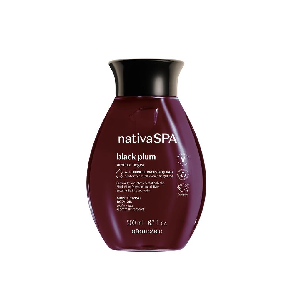 NATIVA SPA Black Plum Body Oil bottle closeup highlighting nourishing hydration